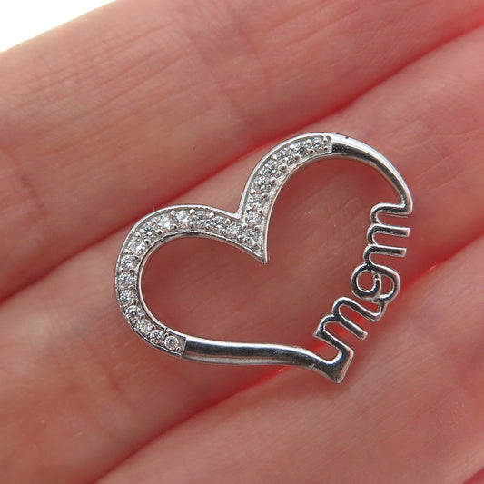 925 Sterling Silver Round-Cut C Z Mom Heart Minimalist Slide Pendant