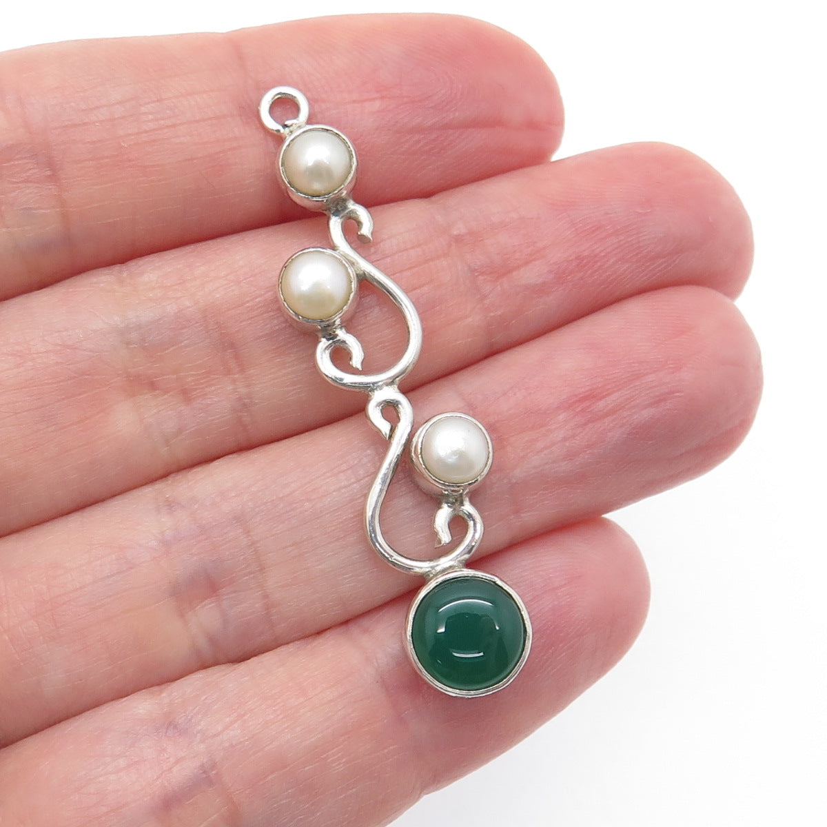 925 Sterling Silver Vintage Real Pearl & Green Chalcedony Swirl Pendant