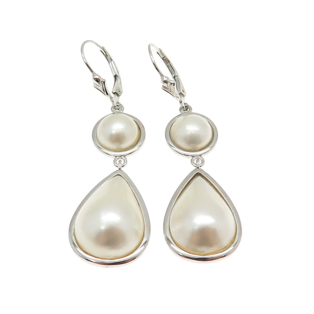 925 Sterling Silver Real Round & Pear Pearl Dangling Earrings