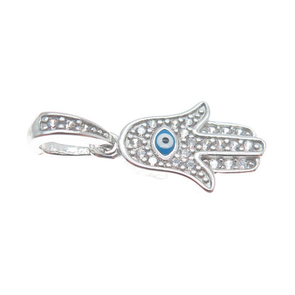 925 Sterling Silver Round-Cut Shaped C Z & Enamel Evil Eye Hamsa Amulet Pendant