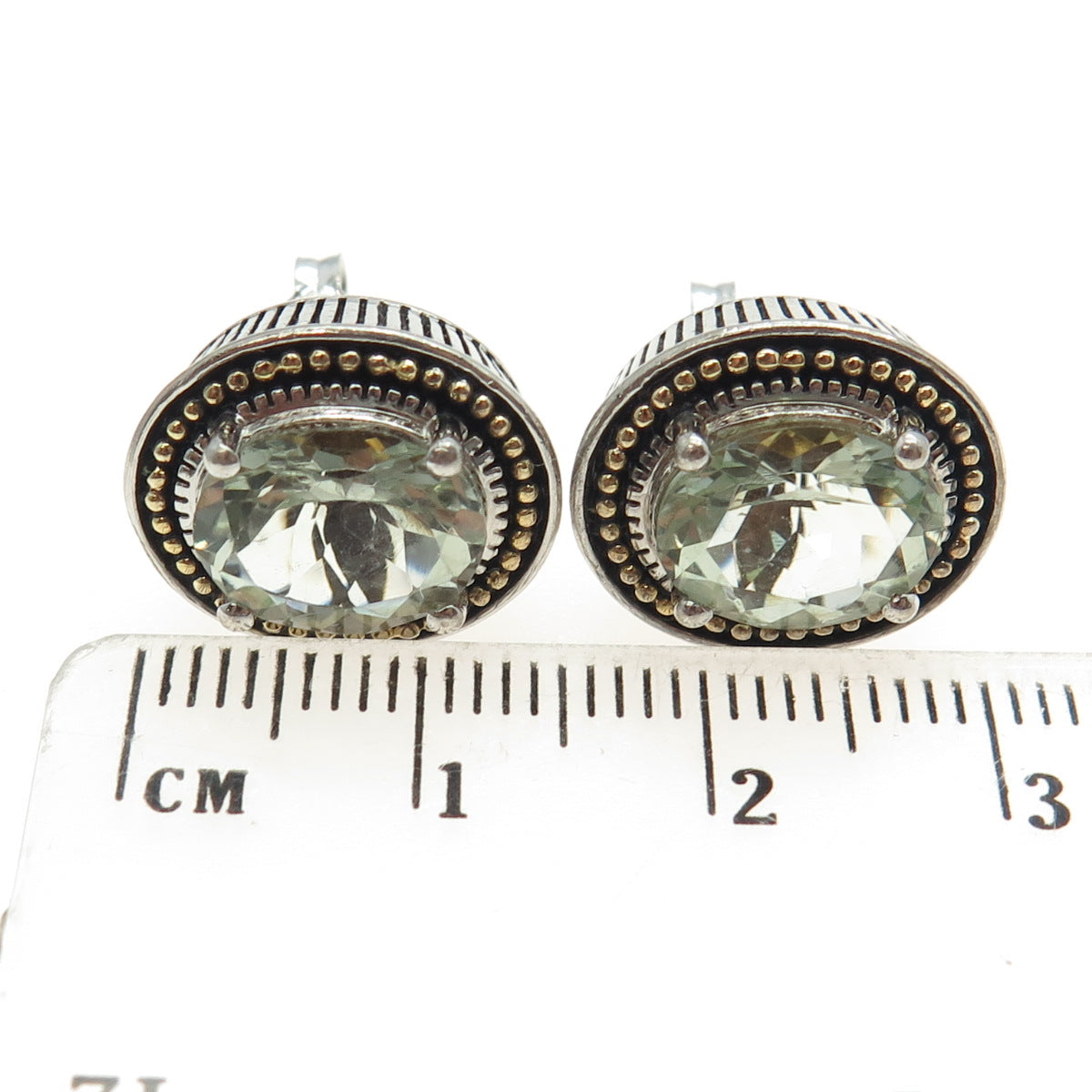 14K Yellow Gold & 925 Sterling Silver Vintage Real Oval Green Amethyst Earrings