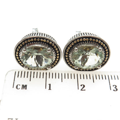 14K Yellow Gold & 925 Sterling Silver Vintage Real Oval Green Amethyst Earrings