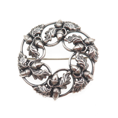 Danecraft 925 Sterling Silver Antique Art Deco Acorn Floral Oxidized Pin Brooch