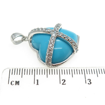 925 Sterling Silver Faux Turquoise & C Z Crisscross Heart Pendant