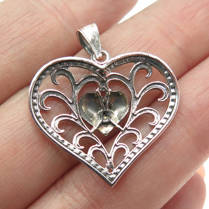 10K Yellow Gold & 925 Sterling Silver Ornate Heart Pendant