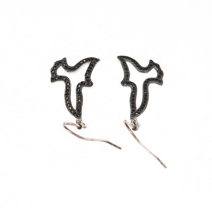 925 Sterling Silver Real Round-Cut Black Spinel Bird Dangle Earrings