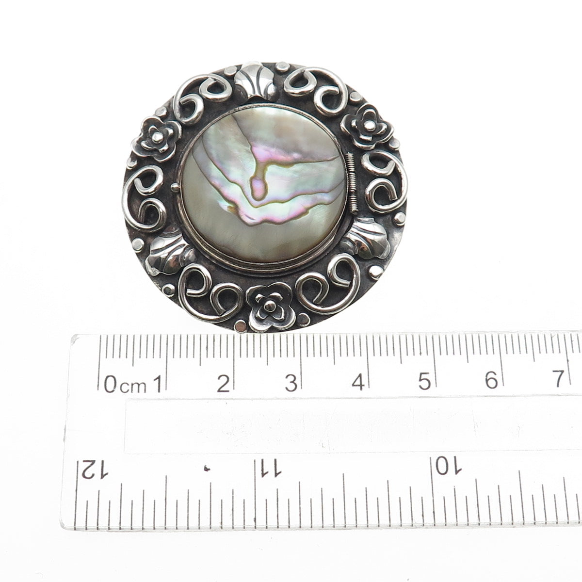 925 Sterling Silver Vintage Mexico Real MOP Oxidized Locket Pin Brooch / Pendant