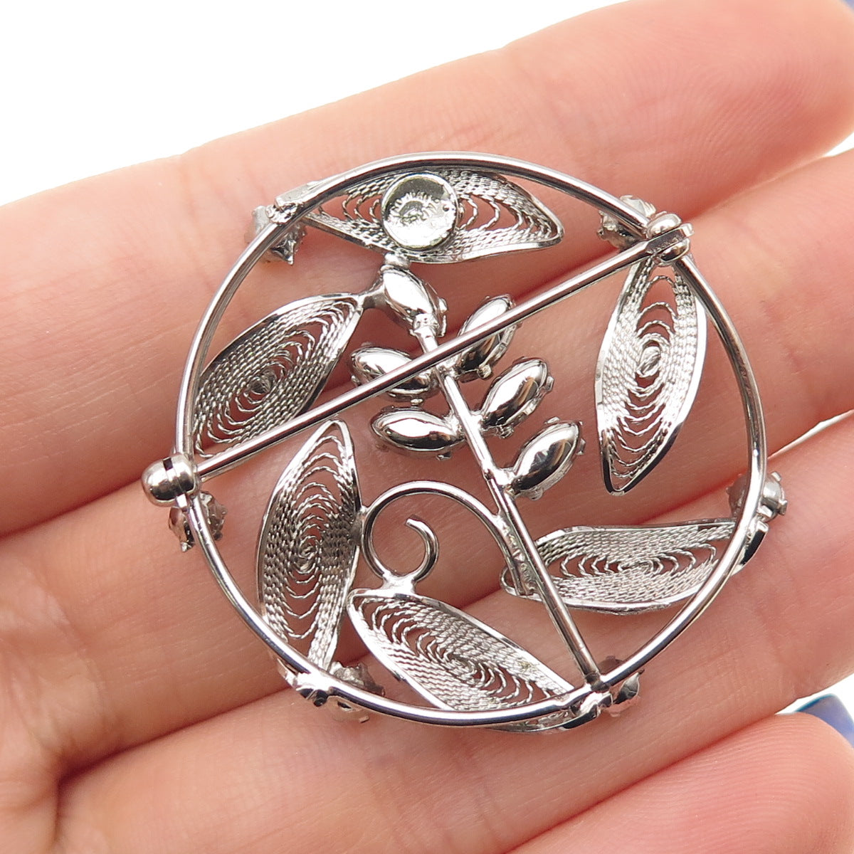 RO-MAN 925 Sterling Silver Vintage Rhinestone Floral Filigree Pin Brooch
