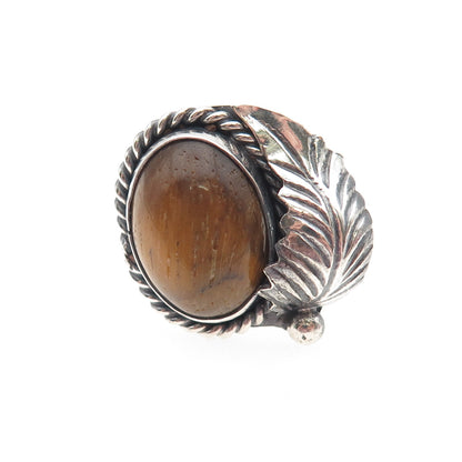 Old Pawn 925 Sterling Silver Vintage Tiger Eye Feather Tribal Ring Size 7.75