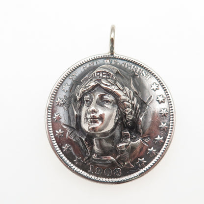 900 Silver Antique 1908 US Barber Half Dollar Repousse Coin Charm Pendant