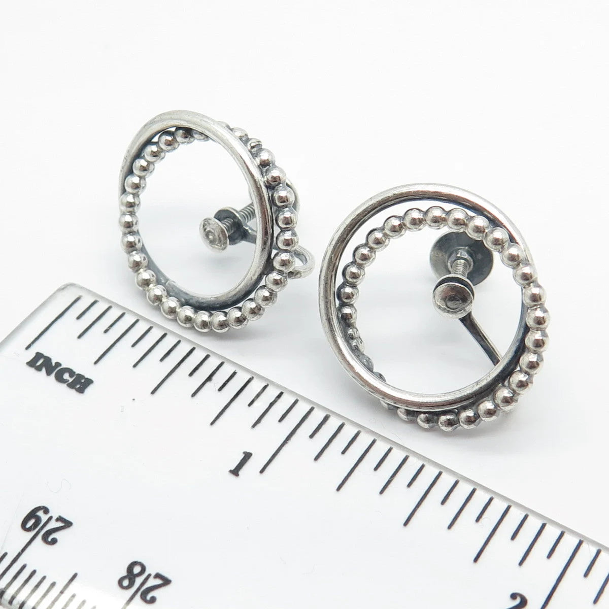 925 Sterling Silver Vintage Jewelart Beaded Double Circle Screw Back Earrings