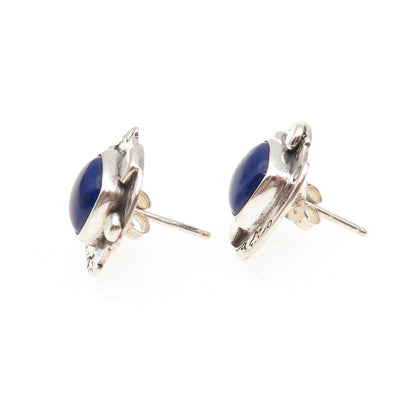 925 Sterling Silver Vintage Real Lapis Lazuli Modernist Stud Earrings