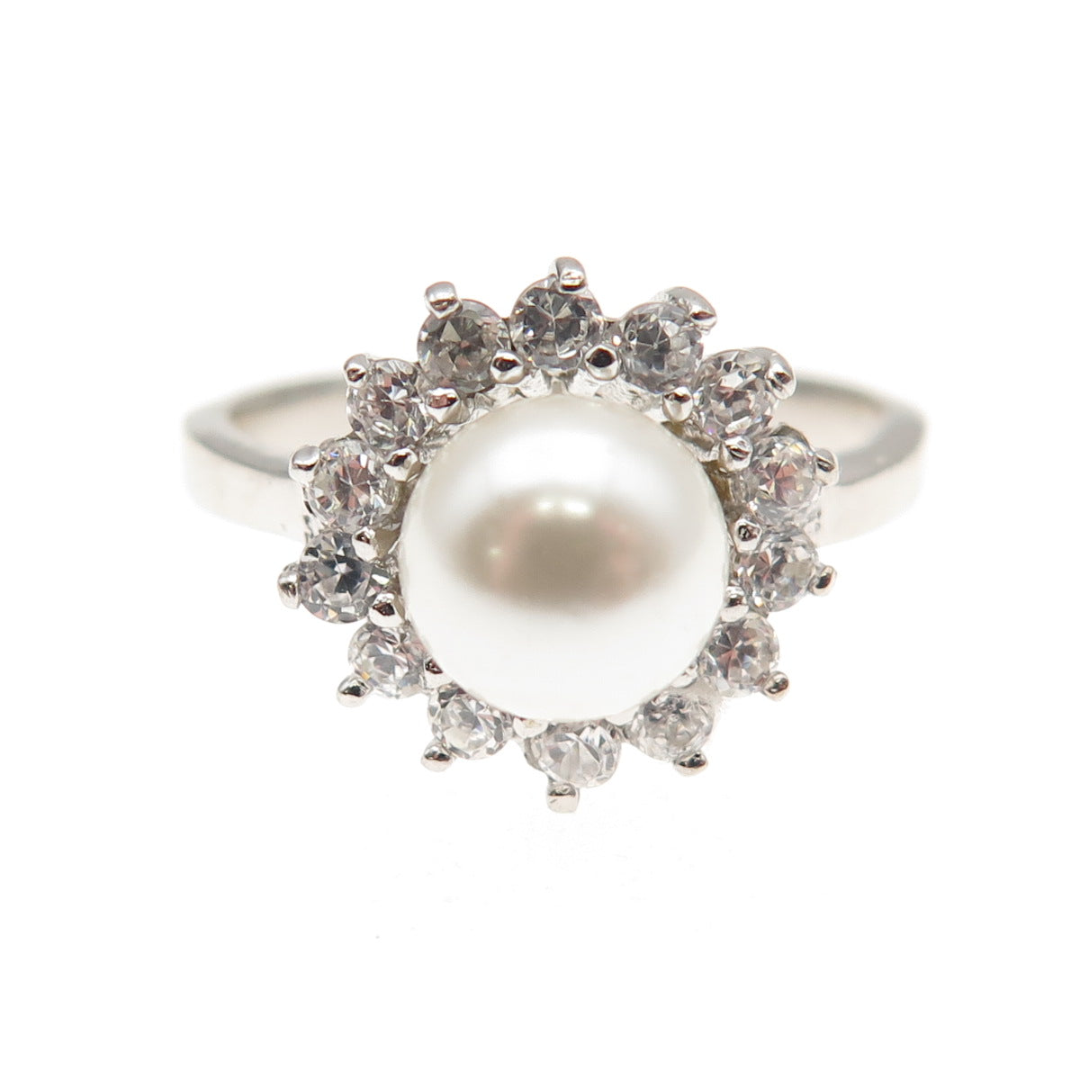 925 Sterling Silver Vintage Faux Pearl & Round-Cut C Z Ring Size 6.75