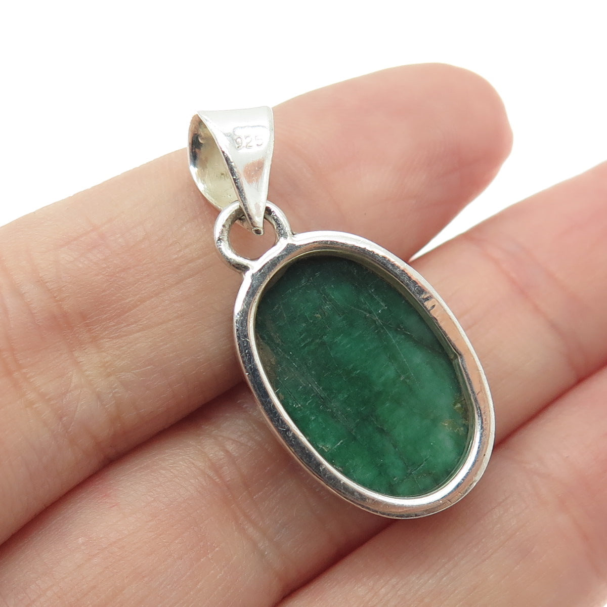 925 Sterling Silver Vintage Real Oval-Cut Emerald Pendant