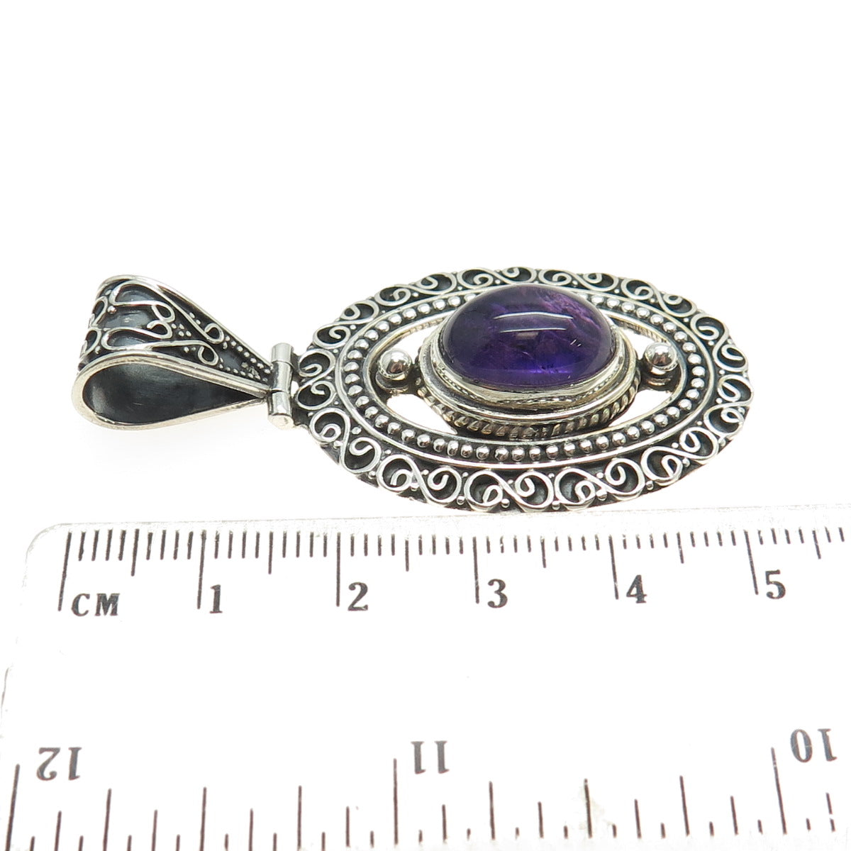 925 Sterling Silver Vintage Real Cabochon Amethyst Swirl Oxidized Pendant