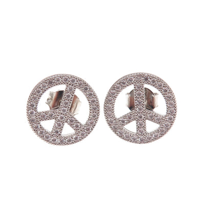 925 Sterling Silver Round-Cut C Z Peace Symbol Stud Earrings