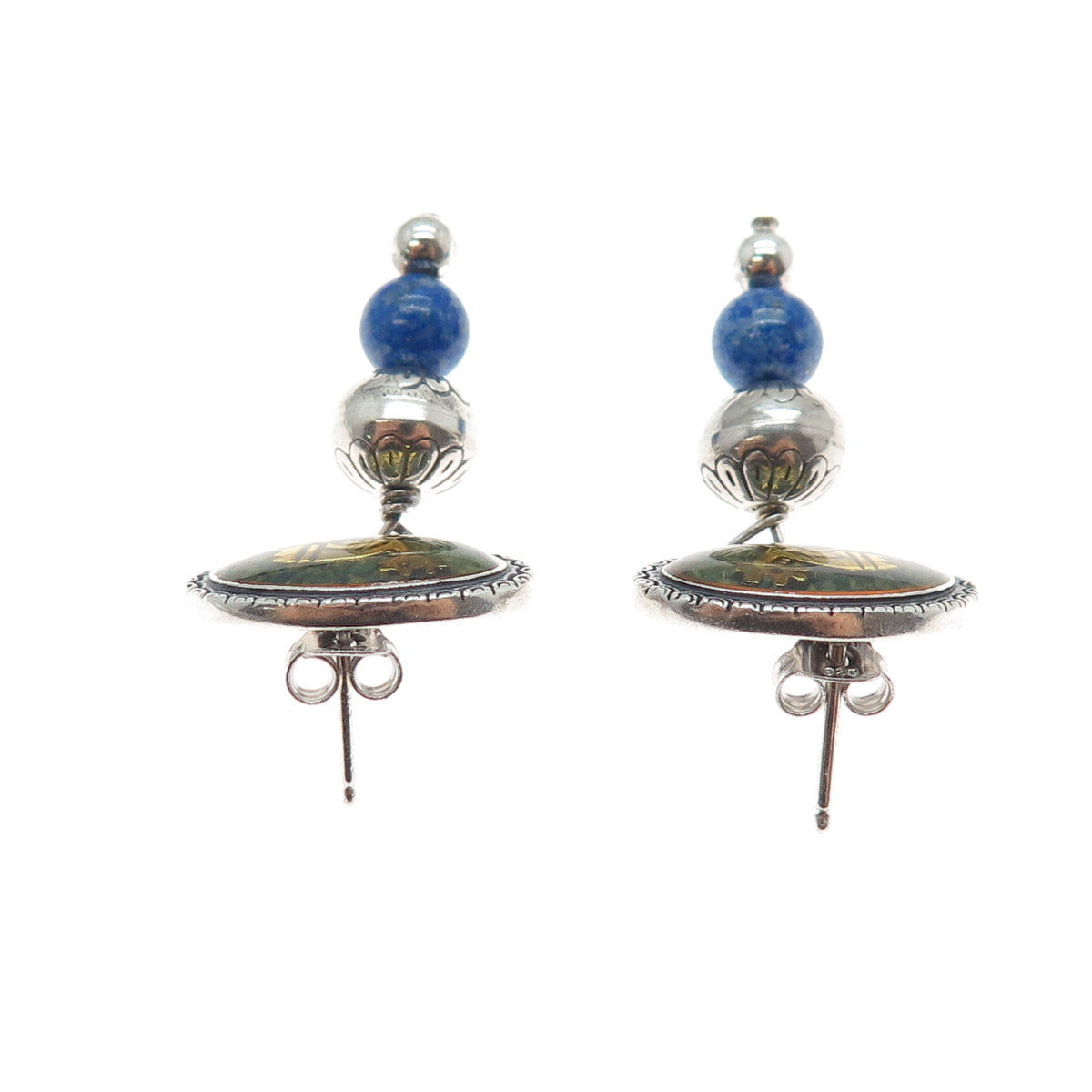 CAROLYN POLLACK Old Pawn 925 Sterling 2-Tone Vintage Lapis Inlay Goat Earrings