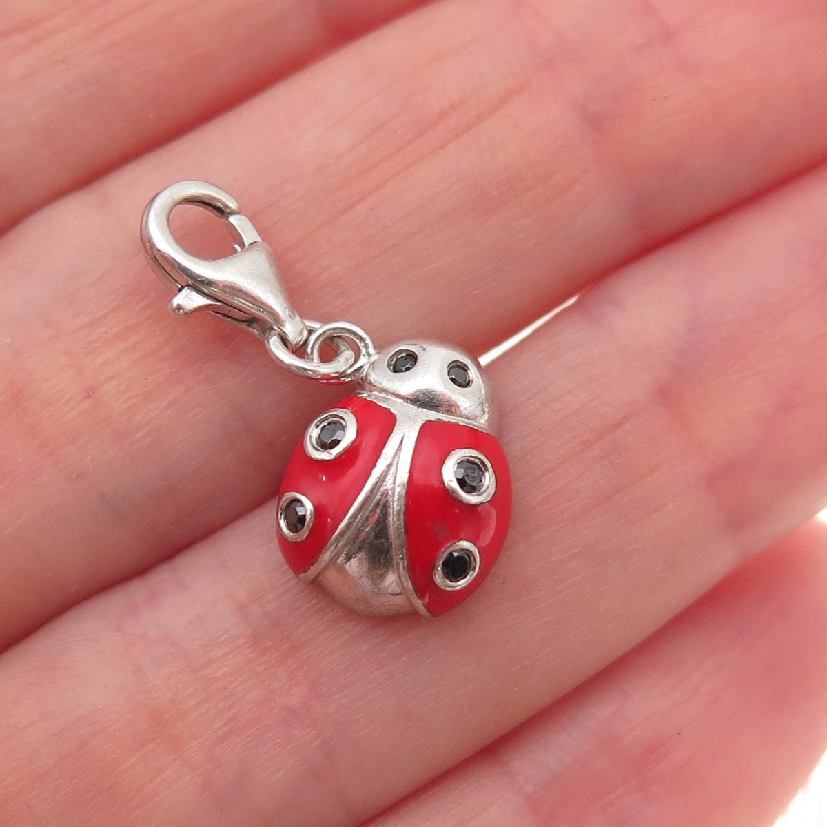 Agatha Paris 925 Sterling Enamel Black Spinel Ladybug Lobster Lock Charm Pendant