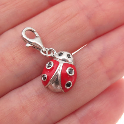 Agatha Paris 925 Sterling Enamel Black Spinel Ladybug Lobster Lock Charm Pendant