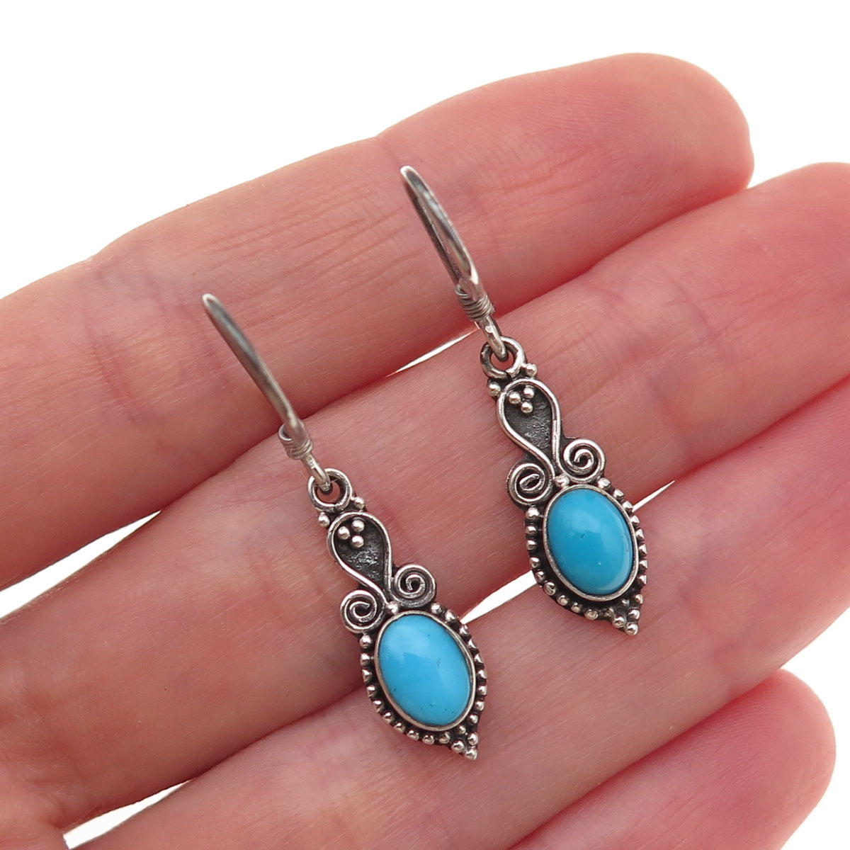 925 Sterling Silver Vintage Real Bisbee Turquoise Oxidized Dangle Earrings