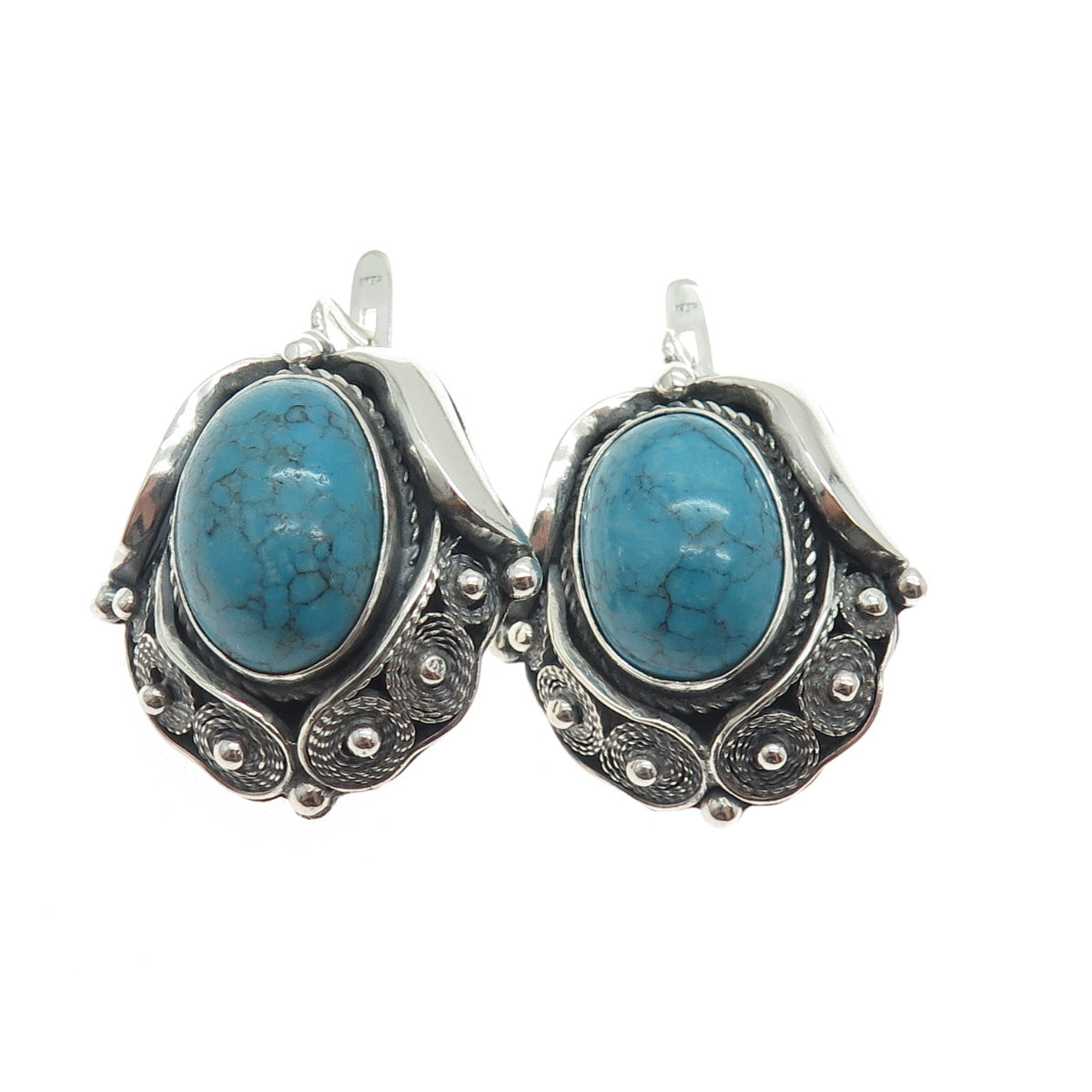 925 Sterling Silver Vintage Real Turquoise Modernist Filigree Floral Earrings