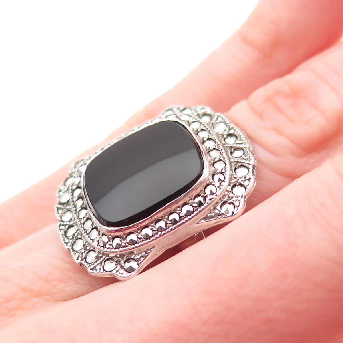 UNCAS 925 Sterling Antique Art Deco Real Black Onyx & Marcasite Ring Size 3.25