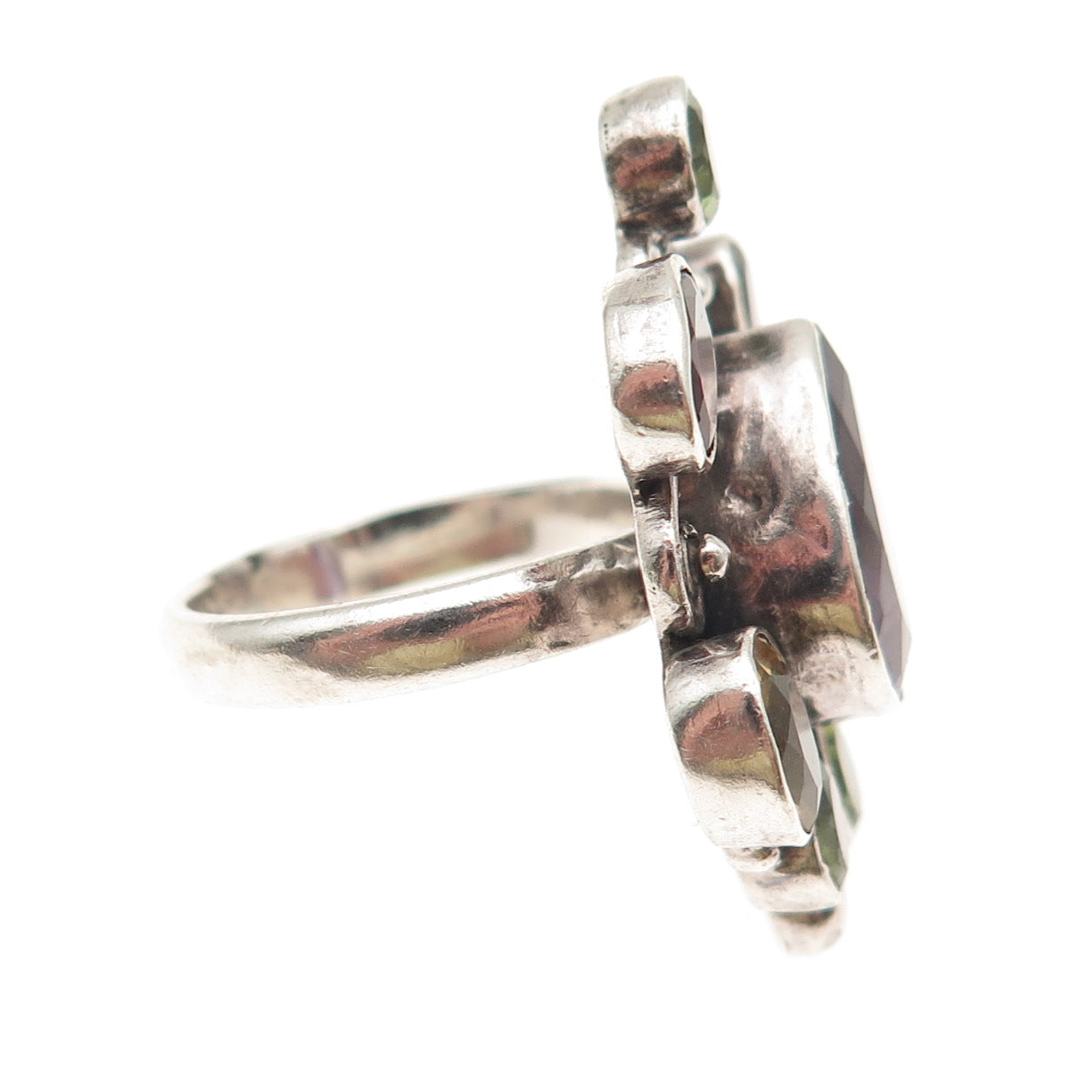 925 Sterling Silver Vintage Real Amethyst Peridot Citrine Red Garnet Ring Size 7