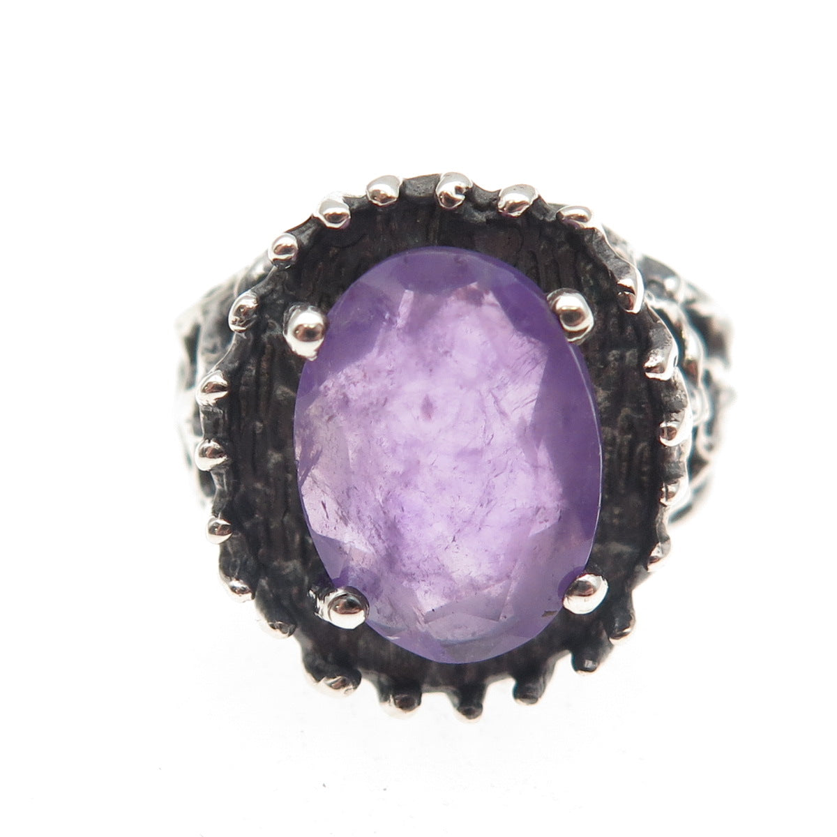 925 Sterling Silver Vintage Real Amethyst Modernist Oxidized Ring Size 8.5