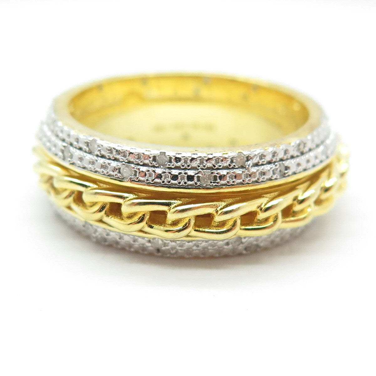 DBJ DEE BERKLE 925 Sterling Silver Gold Plated Real Diamond Chain Ring Size 10.5