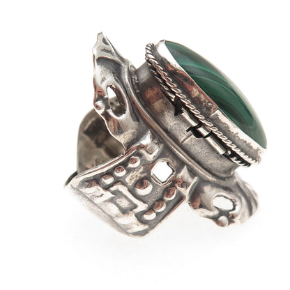 925 Sterling Vintage Mexico Real Malachite Adjustable Poison Ring Size 8.75