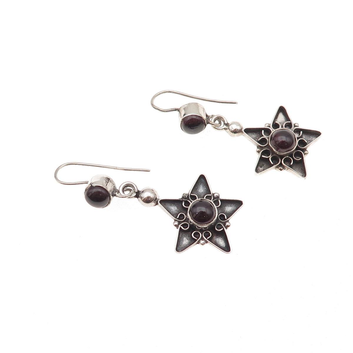 925 Sterling Silver Vintage Real Red Garnet Star Oxidized Dangle Earrings