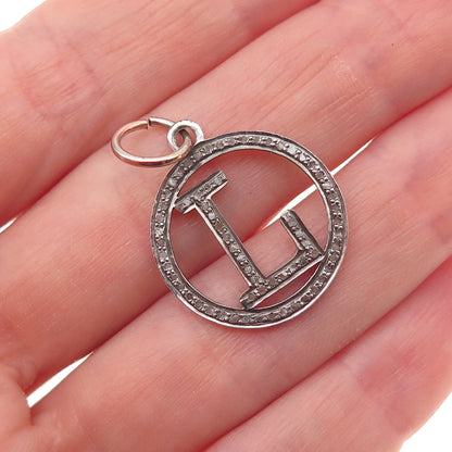 925 Sterling Silver Real Round-Cut Diamond Letter L Initial Charm Pendant