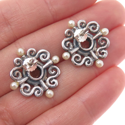 925 Sterling Silver Vintage Faux Pearl & Real Citrine Swirl Oxidized Earrings