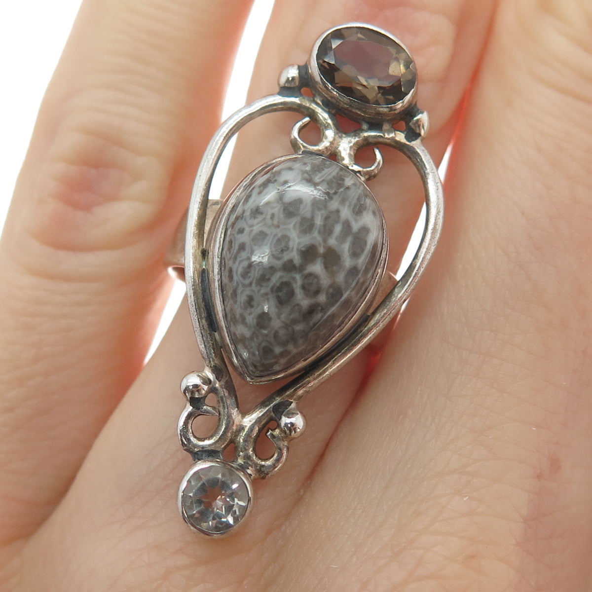 ARYA Sterling Silver Vintage Real Fossil Clear & Smoky Quartz Heart Ring Size 5