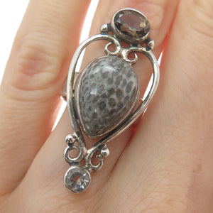 ARYA Sterling Silver Vintage Real Fossil Clear & Smoky Quartz Heart Ring Size 5