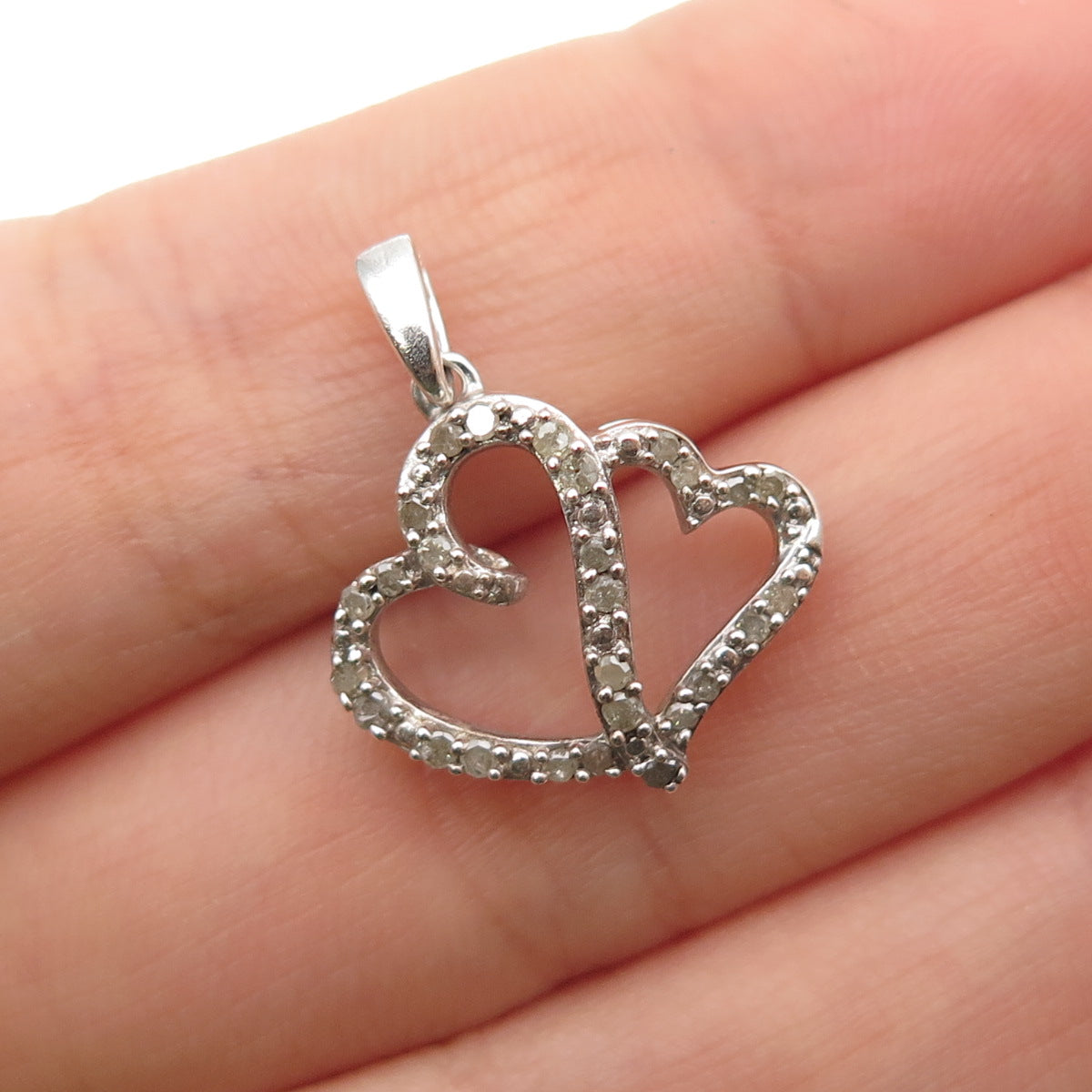 925 Sterling Silver Real Round-Cut Diamond Double Heart Mini Charm Pendant