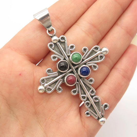 925 Sterling Silver Vintage Mexico Carsi Real Multi-Color Gem Cross Pendant
