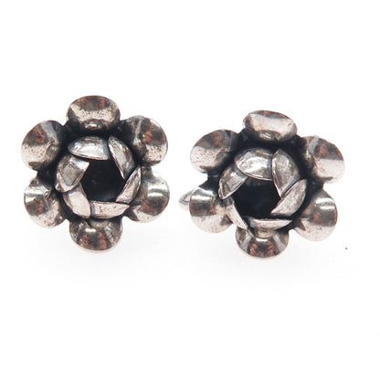 BEAU 925 Sterling Silver Antique Art Deco Rose Oxidized Screw Back Earrings