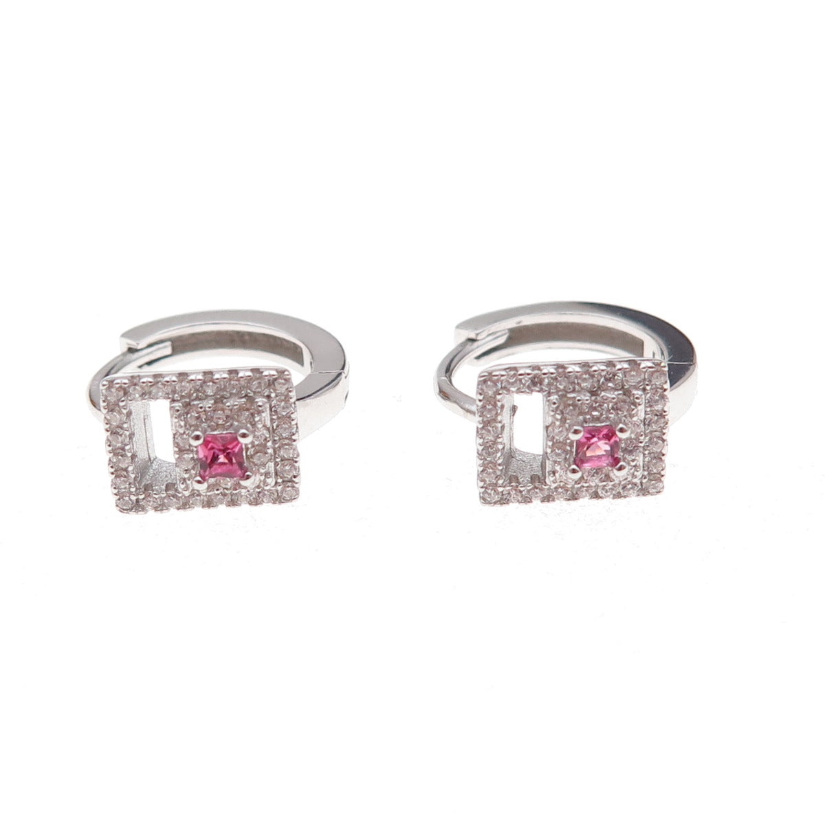 925 Sterling Silver Pink & White C Z Hoop Earrings