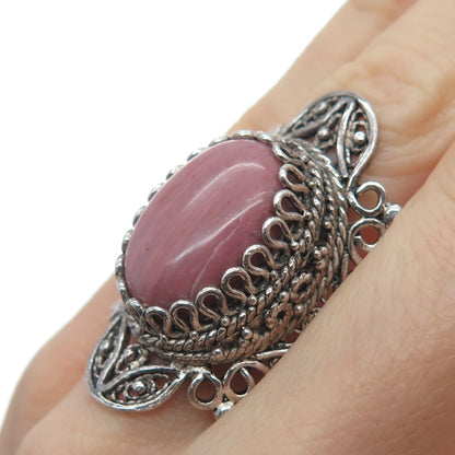 925 Sterling Silver Vintage Real Rhodochrosite Filigree Ring Size 9.25