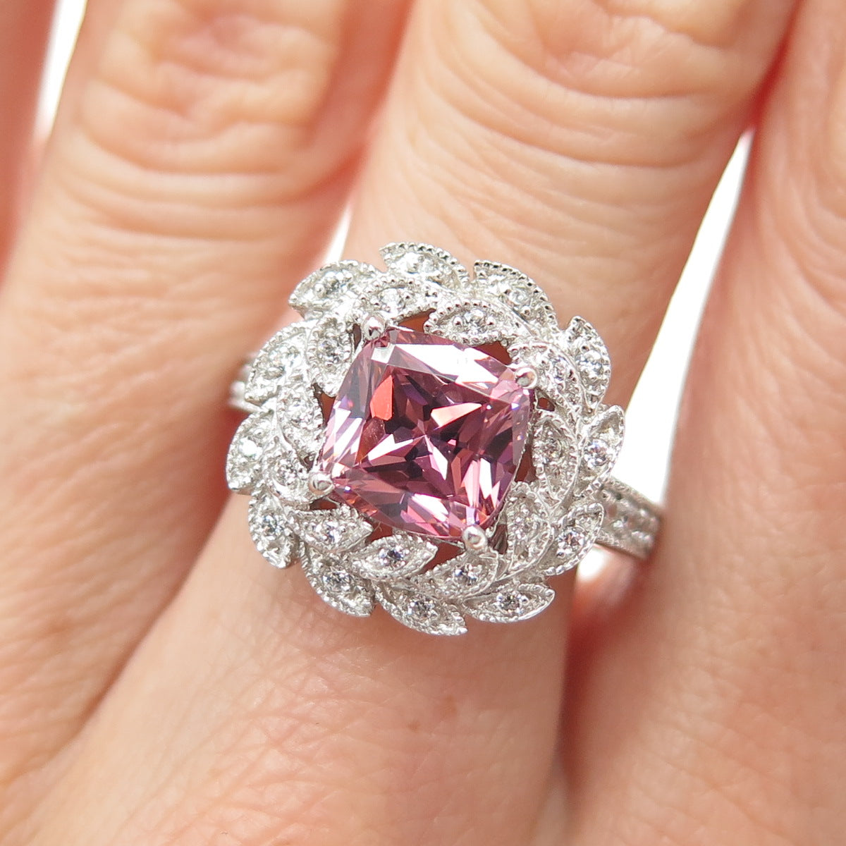 ESPO JOSEPH ESPOSITO 925 Sterling Silver Pink & White C Z Laurel Ring Size 7.25