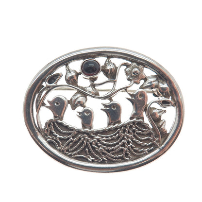 925 Sterling Silver Vintage Real Tourmaline Bird Nest Oxidized Pin Brooch