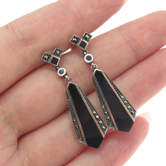 925 Sterling Silver Vintage Real Black Onyx & Marcasite Art Deco Style Earrings