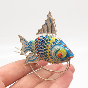 925 Sterling Silver Antique Enamel Articulated Chinese Koi Fish Chatelaine Fob