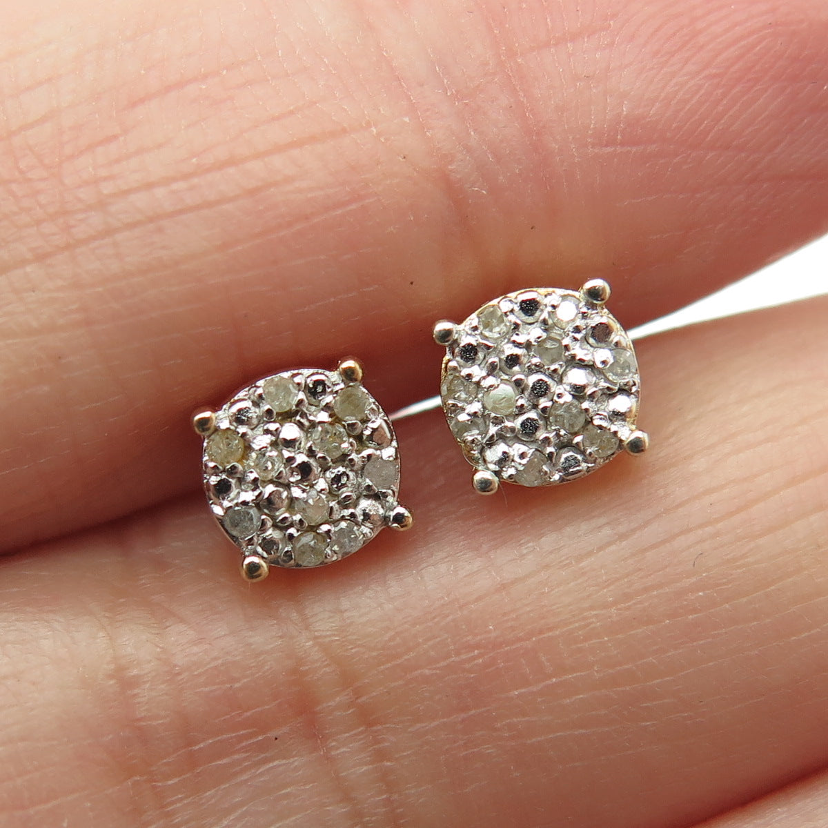 925 Sterling Silver Gold Plated Real Round-Cut Diamond Stud Earrings