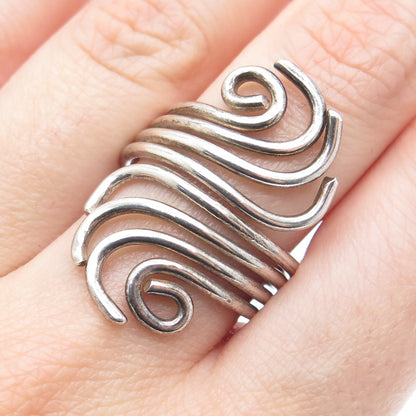 925 Sterling Silver Vintage Modernist Wavy Adjustable Ring Size 8.75