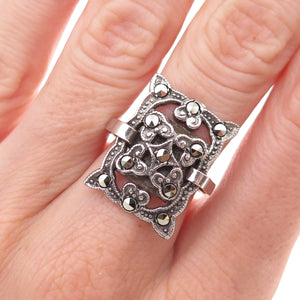 925 Sterling Silver Antique Art Deco Marcasite Floral Oxidized Ring Size 6.25