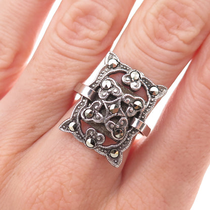 925 Sterling Silver Antique Art Deco Marcasite Floral Oxidized Ring Size 6.25