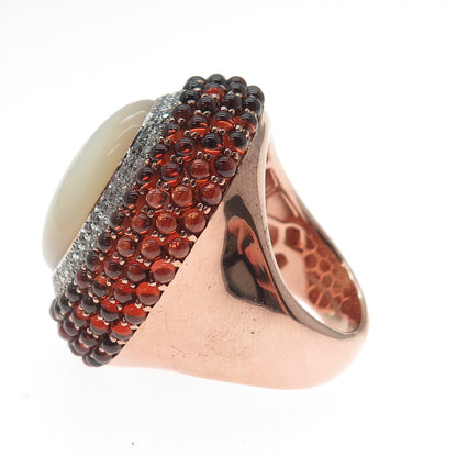 925 Sterling Silver Rose Gold Plated Real MOP Red Garnet & C Z Ring Size 7.25