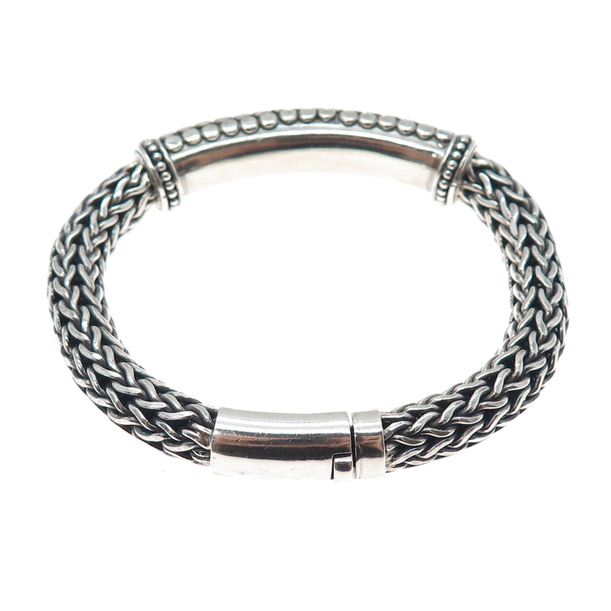 925 Sterling Silver Vintage Dotted Wheat Link Oxidized Heavy 79.5g Bracelet 7.5"